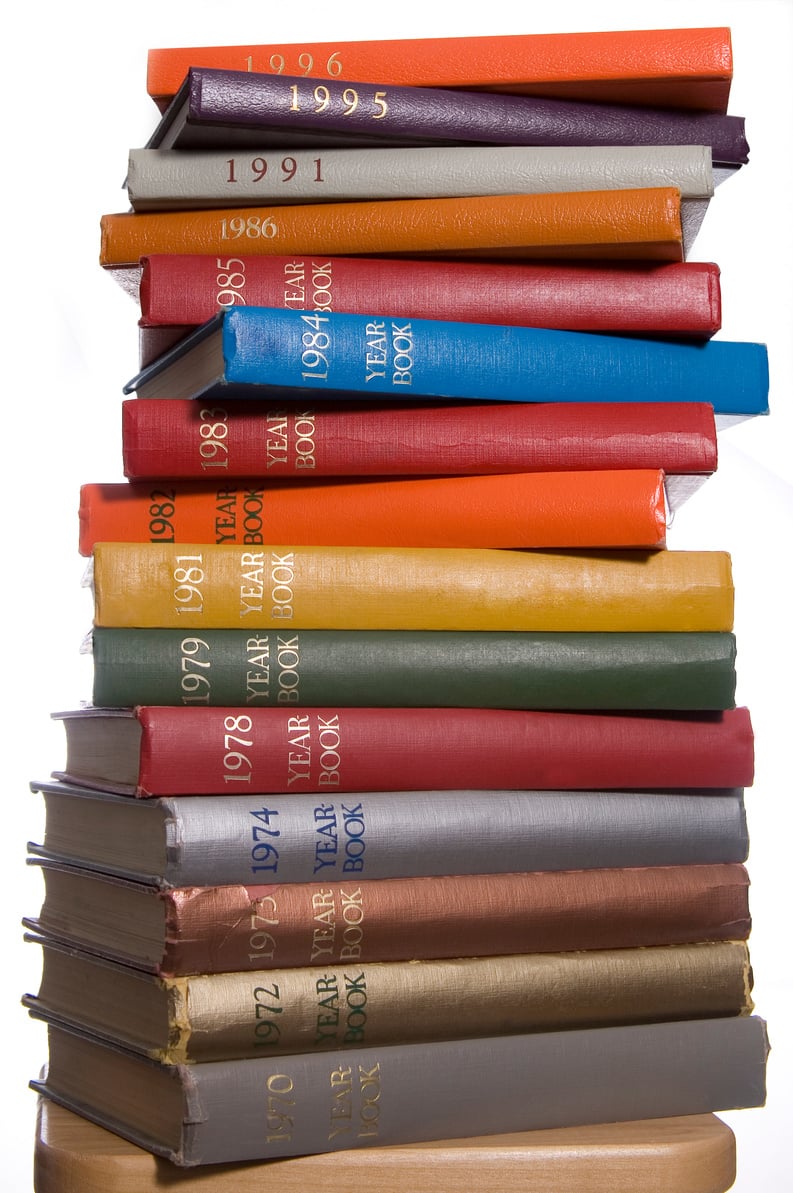 tower of colorful yearbooks